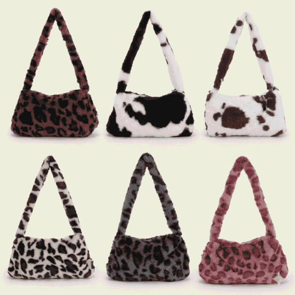 Fashion Soft Faux Fur Plush Underarm Handbag Cow Print Leopard Print Mini Shoulder Bag Faux Fur Purse