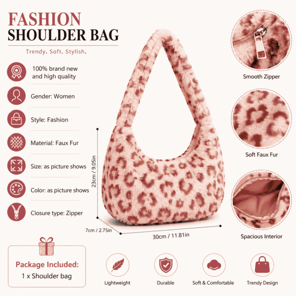 Stylish Leopard Pattern Tote Bag Soft Plush Handbag Underarm Shoulder Bag Women'S Casual Armpit Bag Lipstick Key Bag Trendy