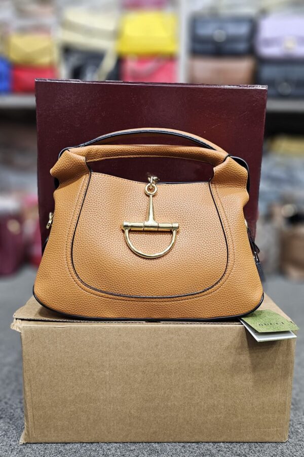 Gucci Inspired Horsebit Pebbled Leather Top-Handle Bag in Camel Tan