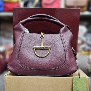 Gucci Inspired Horsebit Pebbled Leather Top-Handle Bag in Burgundy