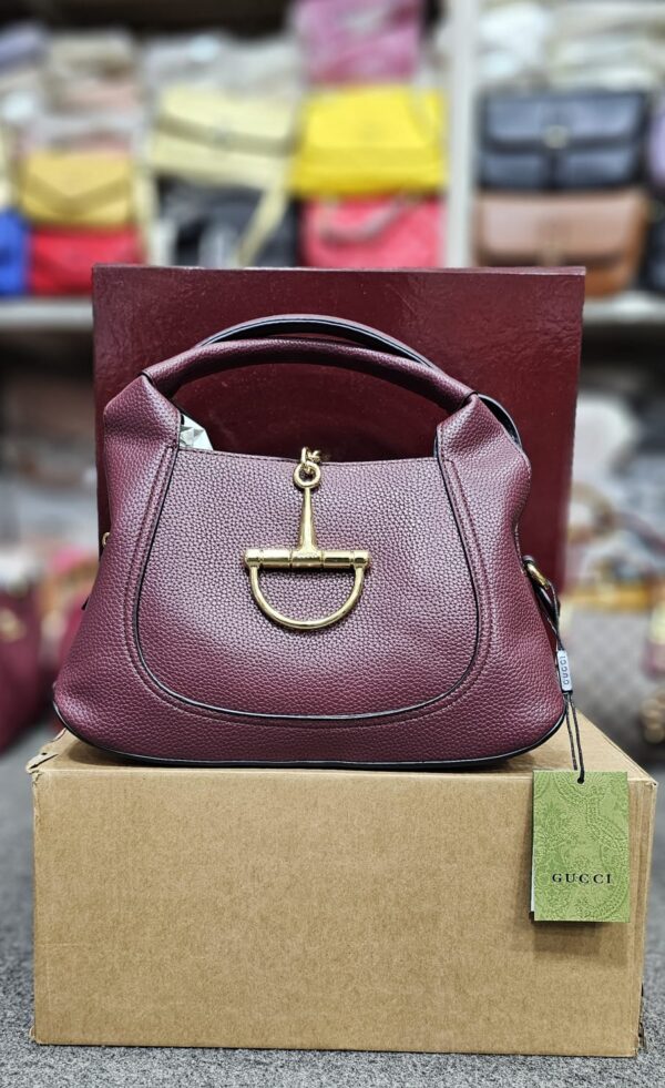 Gucci Inspired Horsebit Pebbled Leather Top-Handle Bag in Burgundy