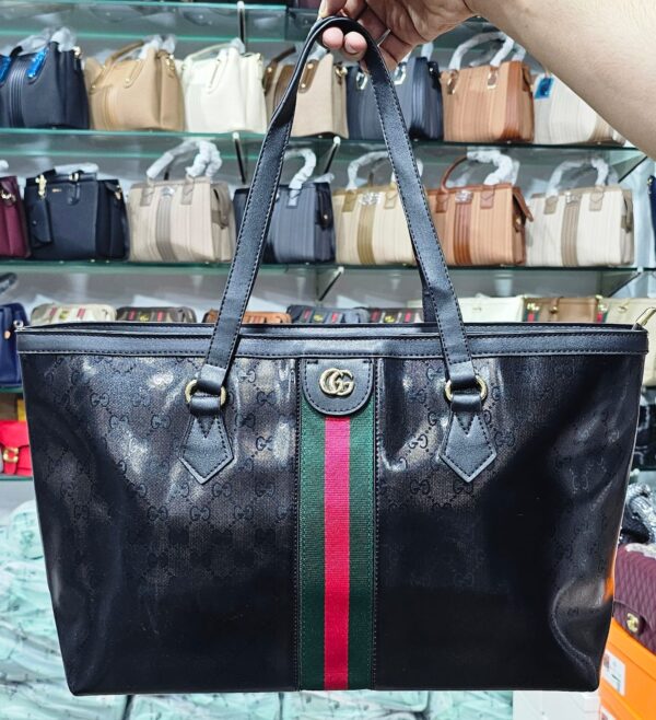 Gucci Inspired Black Monogram Tote Bag with Web Stripe
